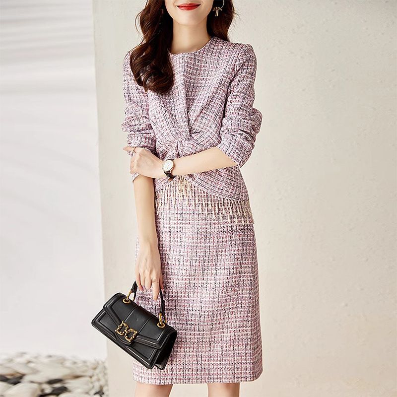 Ensemble deux pièces chaud à col rond en tweed italien haut de gamme pour femme au look jeune_voghion.com