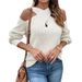 Abbigliamento da donna maglione tinta unita con maniche a lanterna e scollo all'americana con spalle scoperte_voghion.com