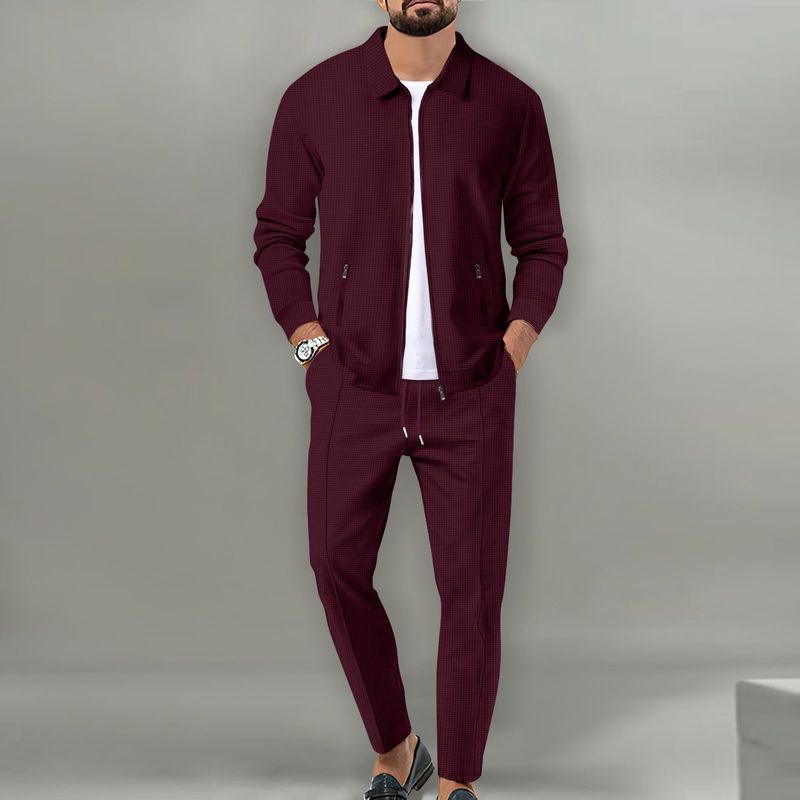 Herrenbekleidung Herren Herbst Jugend Waffel Reißverschluss Tasche Revers Schlanke Strickjacke Herrenjacke Anzug_voghion.com