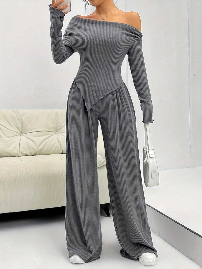 Vêtements pour femmes automne et hiver mode costumes décontractés tricotés col à une épaule plus pantalon à jambe large costumes deux pièces_voghion.com