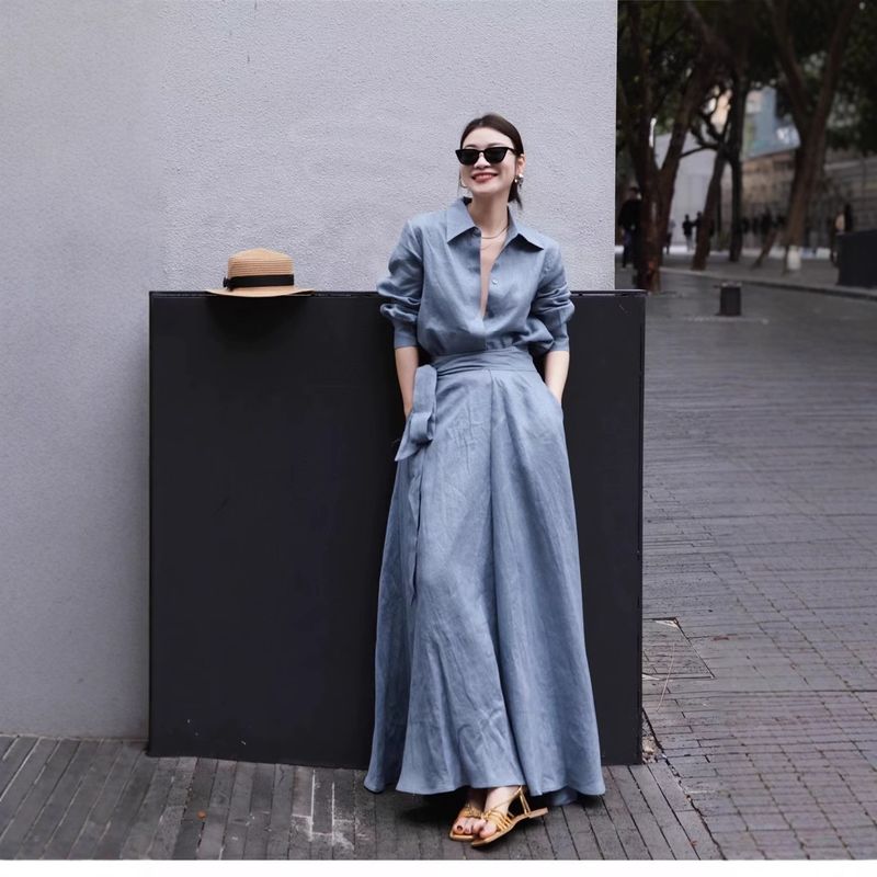 Completo da donna in lino 100%, nuovo, semplice, stile old money, elegante e alla moda, con camicia e gonna_voghion.com