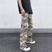 Calça jeans masculina streetwear camuflada - Calça reta de corte folgado com design urbano, tecido de poliéster confortável, estilo casual moderno._voghion.com
