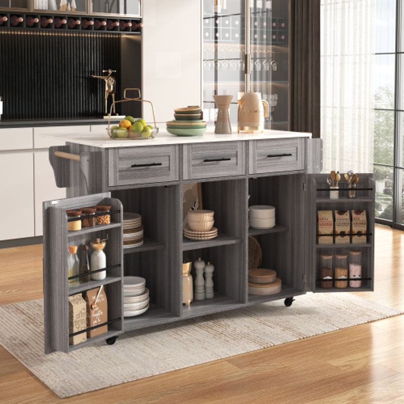 139x46(71)x91.5 Cm Großer Servierwagen/Beistellschrank, Graues Massivholz-Furnier Für Den Korpus + Weiße Marmor-Furnierdekoration Für Die Arbeitsplatte, Schrank/klappbare Arbeitsfläche/Stauraumtüren/r_voghion.com