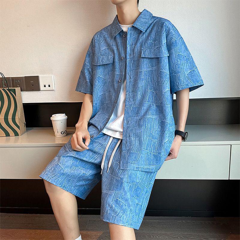 Vêtements pour hommes deux pièces été short à manches courtes chemise deux pièces nouveau costume rétro ample respirant_voghion.com