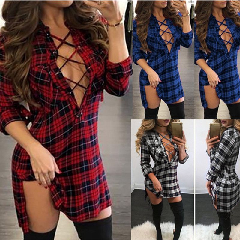 Plaid bandage hollowed out V-neck split dress