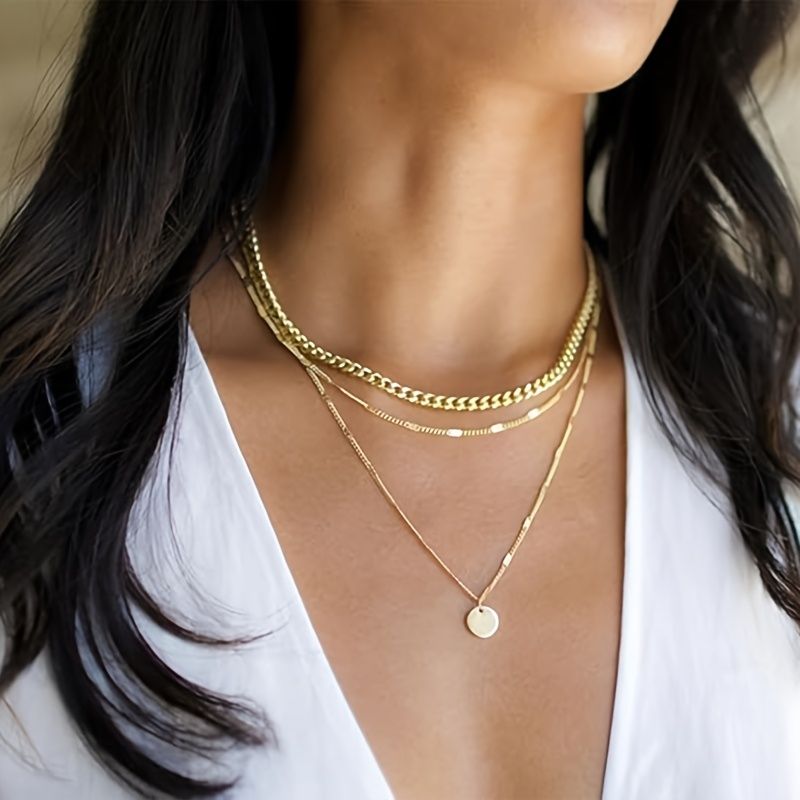 Ladies' Necklace Gold Necklace Set, Cuban Chain, Snake Chain, Paper Clip Layered Chain, Twisted Rope And Twisted Chain, Fashionable Layered Necklace_voghion.com