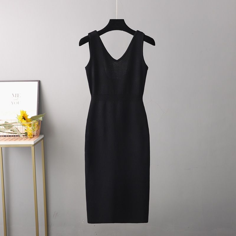 Vêtements pour femmes rétro sexy dos nu tricoté robe à bretelles taille haute minceur fente jupe mi-longue femme automne_voghion.com