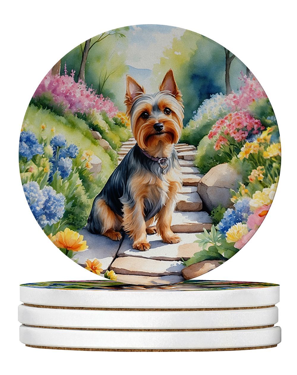 Silky Terrier Spring Path Large Sandstone Coasters Pack Of 4 Absorbent Round Coasters Decor Gifts For Men Or Women, 4 In, Multicolor_voghion.com