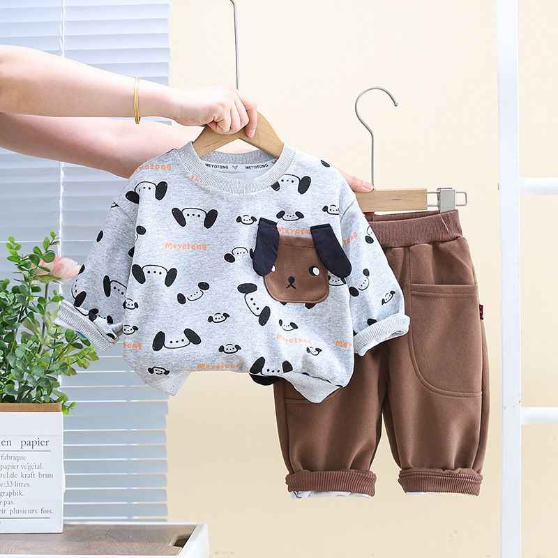 Conjunto de dos piezas con capucha y estampado de dibujos animados de moda de primavera y otoño para niños y bebés de manga larga de 2024_voghion.com