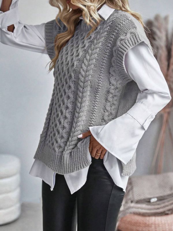 Damenbekleidung Rundhals-Strickpullover ohne Ärmel für Damen, gedrehter Faden, einfarbig, geschlitzter Saum, Pulloverweste_voghion.com