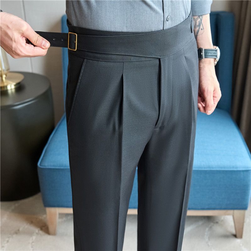 Pantaloni a vita media-alta in tencel napoletano con design a pieghe, casual da uomo sottile estivo_voghion.com