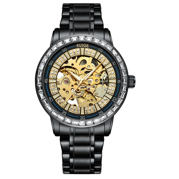 Reloj mecánico automático de lujo RUIGE para hombre, de acero inoxidable, con incrustaciones de diamantes, hueco, con brillo nocturno, resistente al agua, moderno._voghion.com