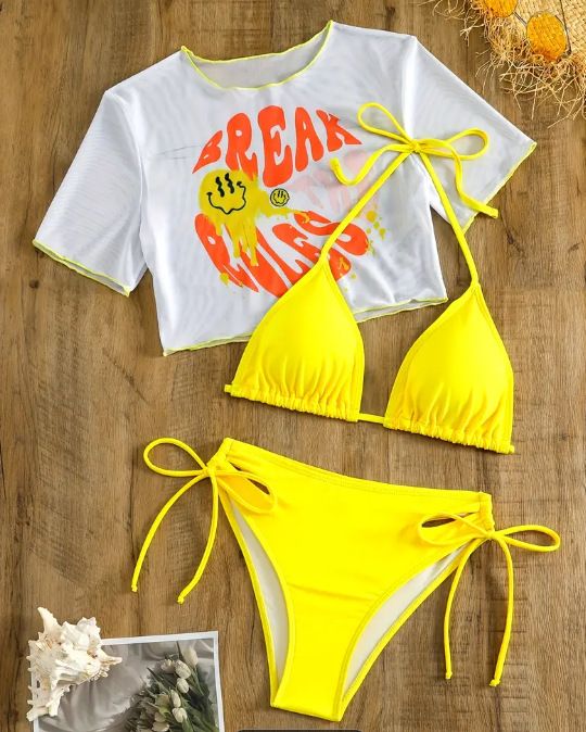 Ensemble bikini trois pièces pour femme, maillot de bain imprimé à manches courtes et protection solaire en maille_voghion.com
