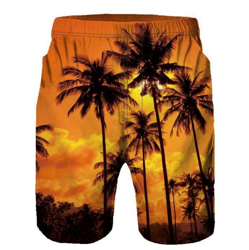 Men's 3D Orange Seaside Coconut Tree Print Men's Casual Beach Shorts Trendy Personality Shorts Beach Shorts_voghion.com