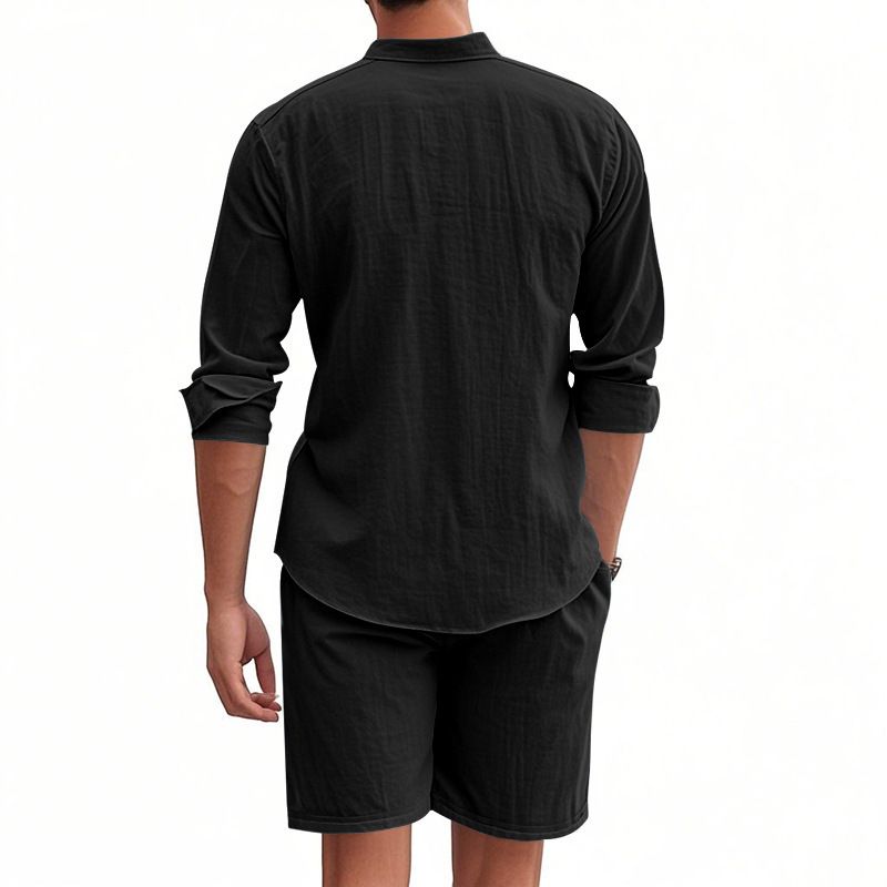 Ανδρικά Ρούχα Λινό Πουκάμισο με Κουμπιά Μακρυμάνικο Σορτς Ζακέτα Casual Loose Ολόσωμο Κοστούμι Παραλίας_voghion.com