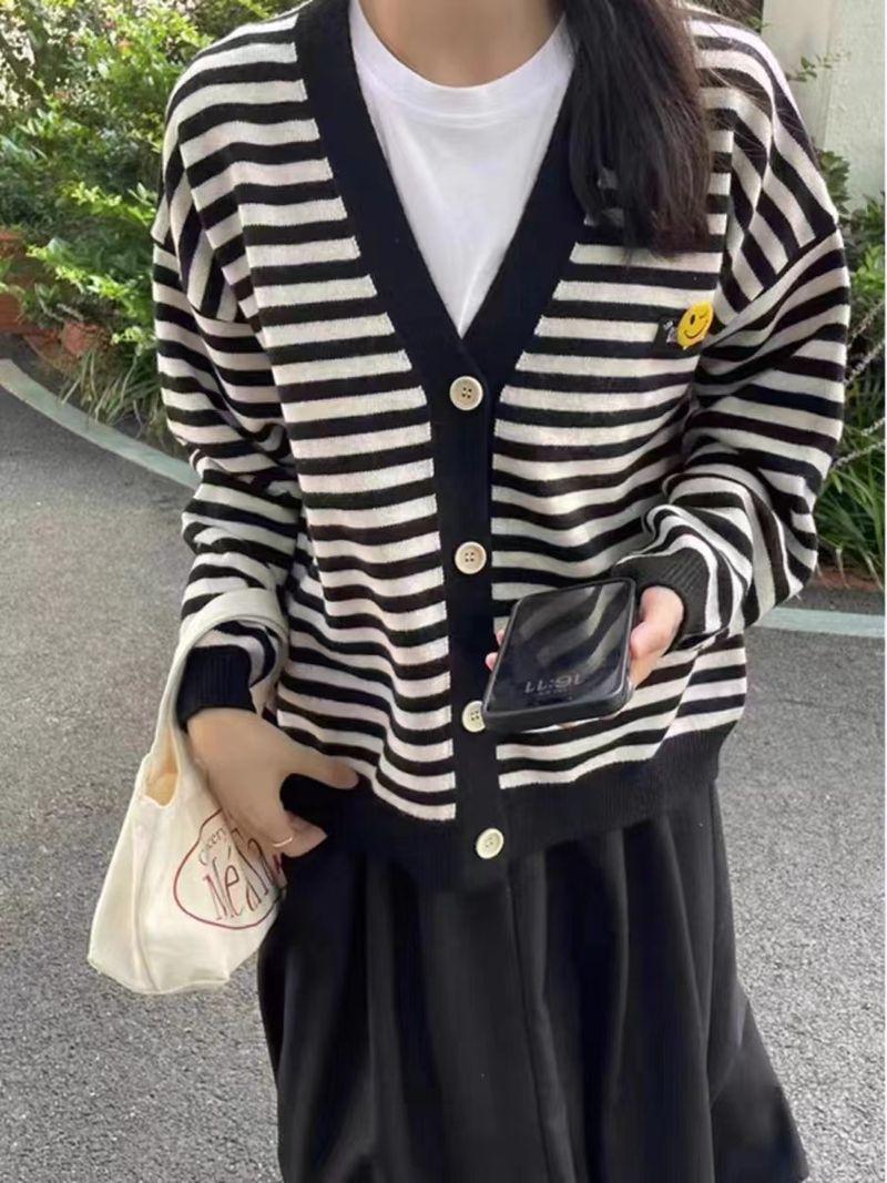 Suéter listrado com rosto sorridente primavera e outono, novo casaco cardigan de malha feminino, estilo preguiçoso, manga comprida, de alta qualidade_voghion.com