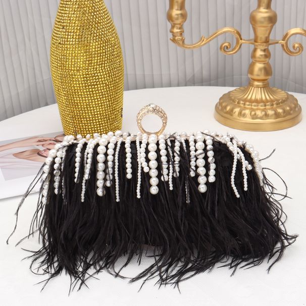 Borsa a mano piccola quadrata da donna, elegante, con tracolla a catena, da sera e da sposa, in piume di struzzo di perle_voghion.com