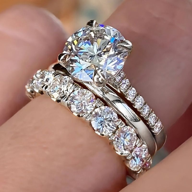 Cao Shi Temperament Three Piece Set Inlaid With Zircon Elegant Diamond Wedding Party Matching Ring_voghion.com