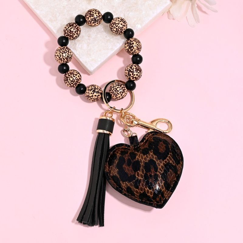 Bracelet porte-clés en perles de bois imprimé léopard, en cuir, motif cœur et pompon_voghion.com