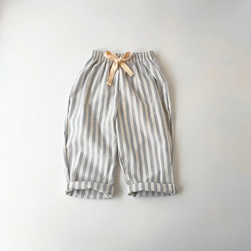 Kinderbekleidung Jungen und Mädchen Gestreifte Hose aus Baumwolle und Leinen Frühling und Sommer Lockere gestreifte Hose für Mädchen Lässige Kinderhose zum Schnüren_voghion.com