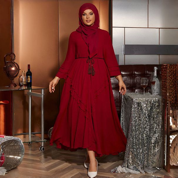 Robe cardigan ample à manches longues pour femme avec foulard, vêtement pour femme, rouge vin_voghion.com