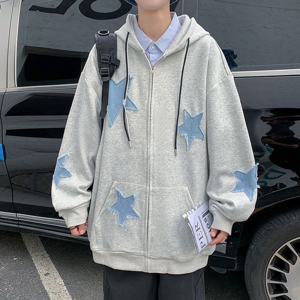 Herren-Kapuzenjacke mit besticktem Stern – Sweatshirt aus dickem Samt mit lockerer Passform (Schwarz/Grau, S-XL)_voghion.com