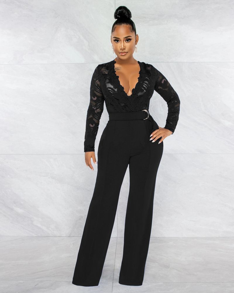 Women's sexy casual slim V-neck lace see-through jumpsuit_voghion.com
