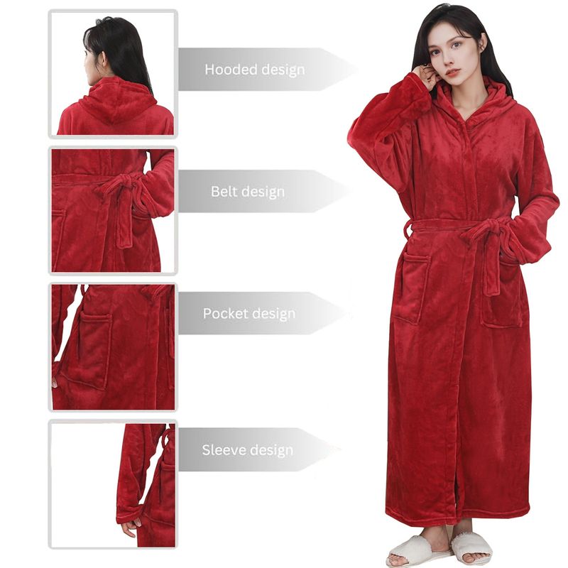 Soft Touch Micro Fleece Hooded Bathrobe Plush Long Spa Robe Absorbent Bathrobe_voghion.com