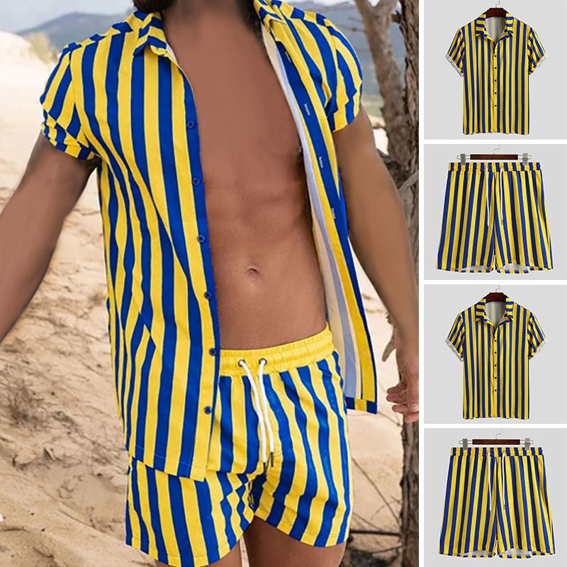 Herren Revers Button-Down Kurzarmhemd Strandanzug Shorts Zweiteiliges Set_voghion.com
