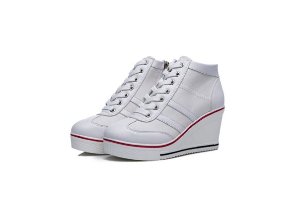 2025 New Wedge Casual Canvas For Women Side Link Lace-up Platform Shoes 8cm Height Increasing High Heels_voghion.com
