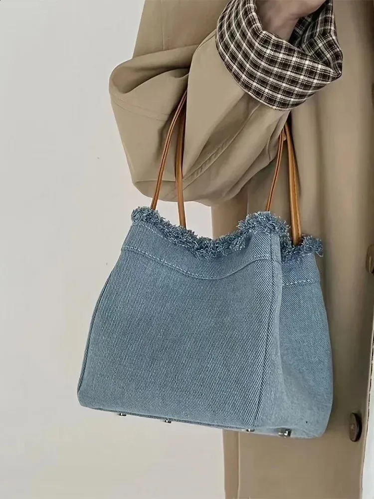 Borsa a secchiello in denim da donna, pieghevole, elasticizzata, con fibbia magnetica, borsa da strada, piccola borsa quadrata personalizzata, tendenza 250811_voghion.com