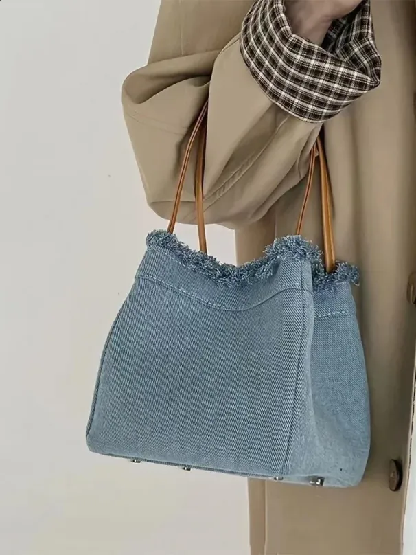 Borsa a secchiello in denim da donna, pieghevole, elasticizzata, con fibbia magnetica, borsa da strada, piccola borsa quadrata personalizzata, tendenza 250811_voghion.com