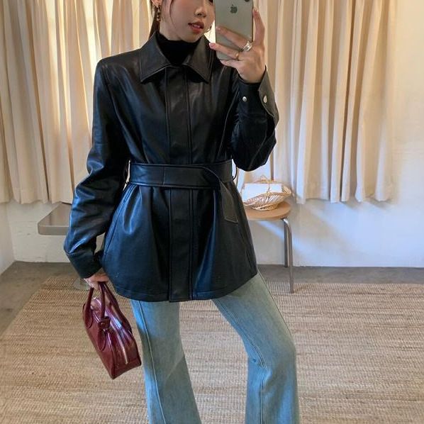 Motorcycle For Women 2025 Spring And Autumn High-end Elegant Waist-cinching Slimming Mid-length Casual Versatile Leather_voghion.com