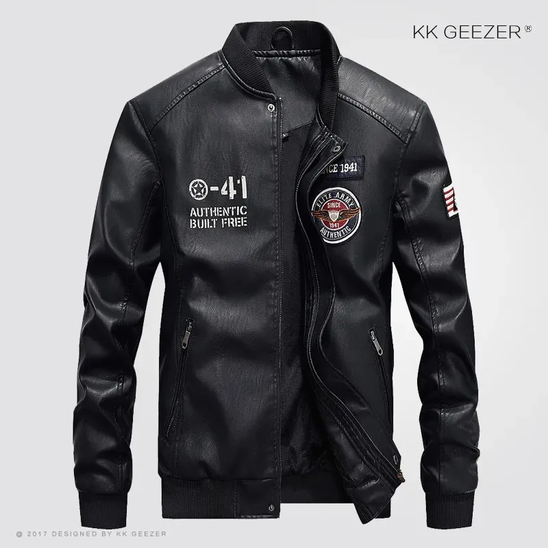 Mens Biker Jacket - Leather Flight Bomber Jacket, Black Slim Fit Varsity College Style PU Motorcycle Coat_voghion.com
