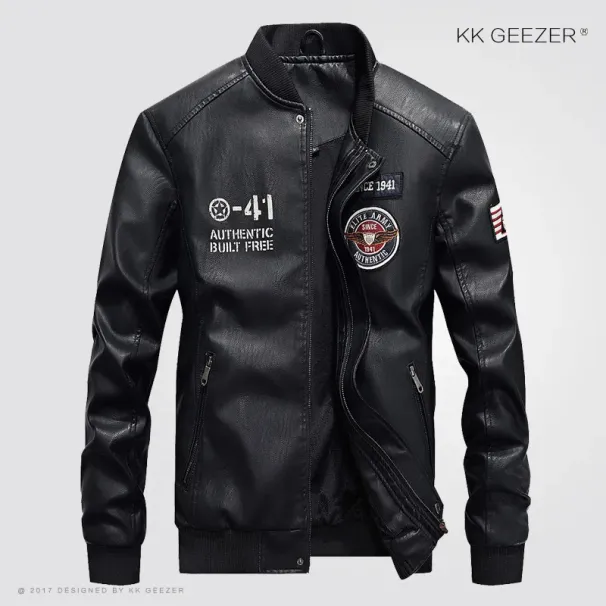 Mens Biker Jacket - Leather Flight Bomber Jacket, Black Slim Fit Varsity College Style PU Motorcycle Coat_voghion.com