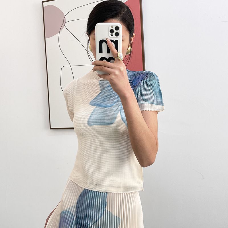 Women's Clothing temperament high collar short sleeved T shirt elastic print drape mid length pleated skirt pleated fashion two piece suit_voghion.com