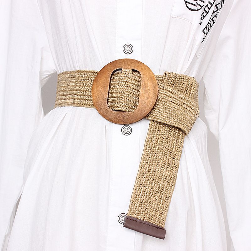 Vrouwen gevlochten riemen zomer ronde gesp pp stro gevlochten riem modieuze casual jurk decoratie elastische taille afdichting vrouwelijk_voghion.com