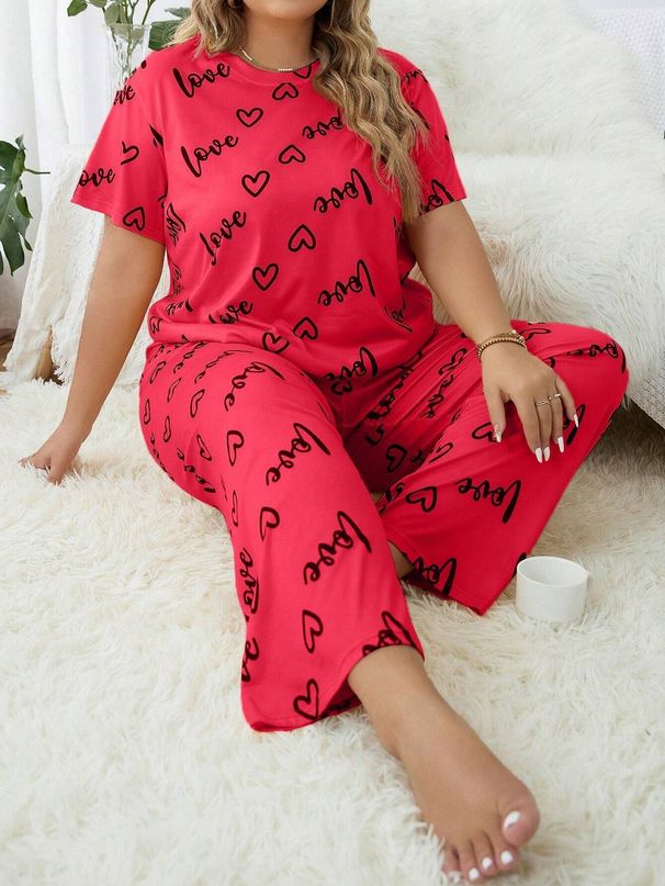 Women's Sleepwears Large Size Home Clothes Plus Size Plus Size Love Round Neck Short Sleeved Trousers_voghion.com