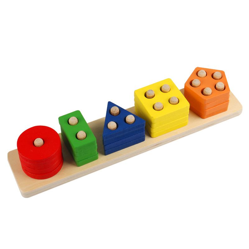Montessori Forma geométrica de madeira Cinco conjuntos de blocos de colunas Montagem Iluminação infantil Educação infantil Brinquedos de quebra-cabeça_voghion.com