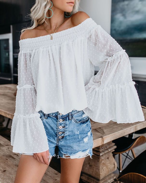 Schulterfreie Bluse mit Flatterärmeln für Damen – gepunktetes Schößchen-Top, leichter Chiffon, lockere Passform, süß und elegant für Arbeit und Freizeit_voghion.com