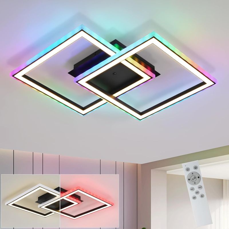 Deckenleuchte LED Deckenlampe Schwarz - 35W Wohnzimmerlampe Dimmbar Moderne Schlafzimmerlampe Mit Fernbedienung RGB Farbwechsel Deckenleuchten Eckig_voghion.com