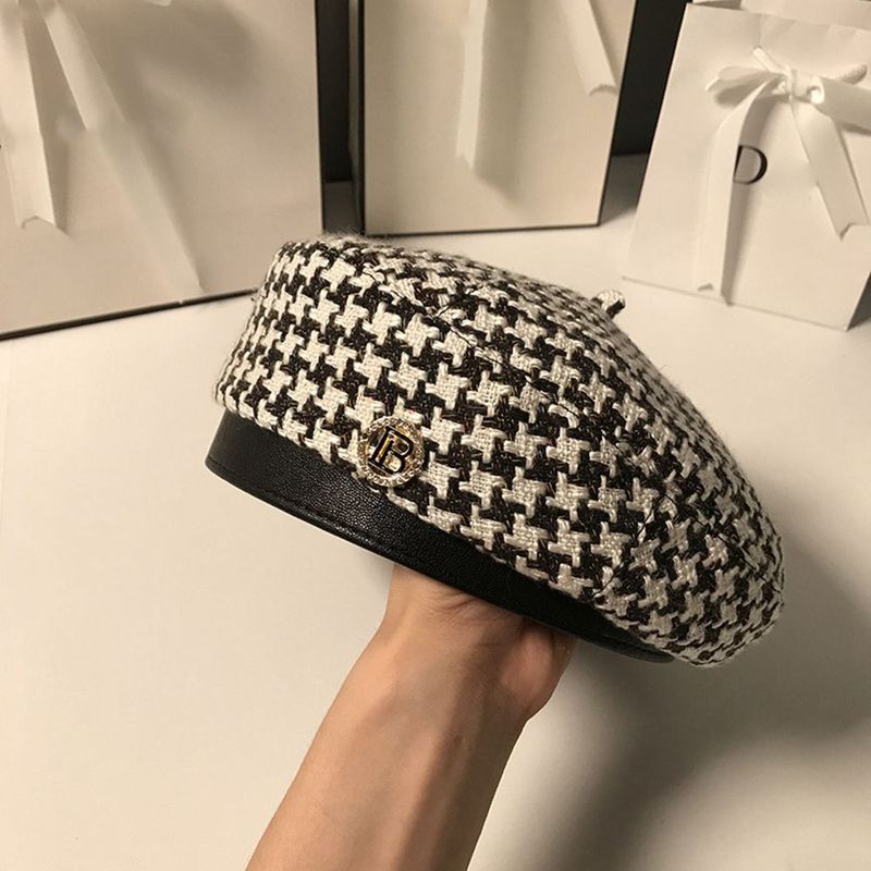 Hot Sale Sweet PU Leather Plaid Autumn B Letter Little Fragrant All-match Korean Style Houndstooth Painter Hat Women Berets_voghion.com