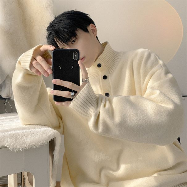 Herbstlicher Rollkragenpullover Herren-Strickpullover mit Brustbesatz Lockere, lässige, luxuriöse Polokragenjacke_voghion.com