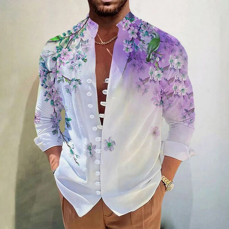 Herren Sommer Herrenbekleidung Langarm Button-Down 3D Druck Hemd Mann Blume Grafik Drucke Hawaiian Casual Urlaub_voghion.com