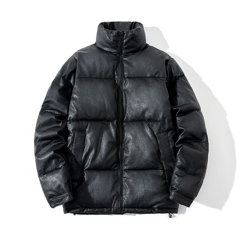 Herrenbekleidung, PU-Leder-Baumwollanzug, kurzer Stehkragen, wattierter Mantel, lockerer, dicker Trendmantel_voghion.com