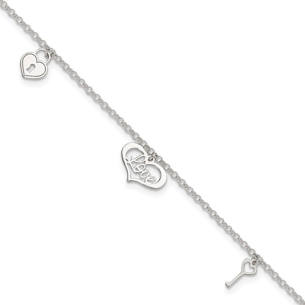 Sterling Silver Love Themed Dangles 9in Plus 1in Ext. Anklet_voghion.com