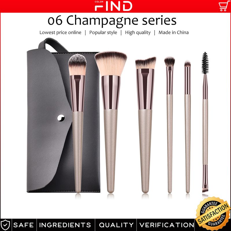 Set di pennelli per trucco color champagne da 6 pezzi + borsa per cosmetici incluso pennello per cipria vendite dirette in fabbrica FINDCOLOR_voghion.com