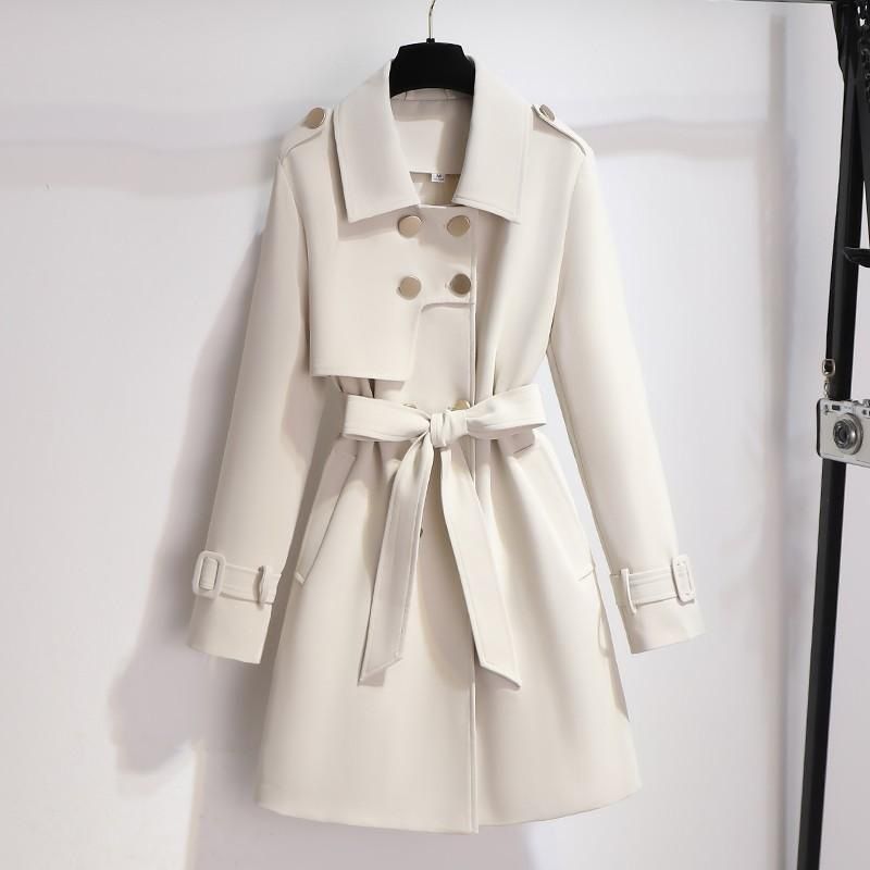 Elegant Women's Trench Coat - Slim Fit Mid-Length Double-Layered Jacket With Belt, Polo Collar, Classic British Style For Petite To Plus Size_voghion.com