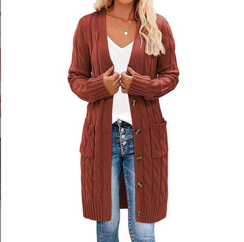 Cardigan lungo da donna in maglia con bottoni e tasche – Maglione aperto sul davanti con scollo a V in tinta unita_voghion.com