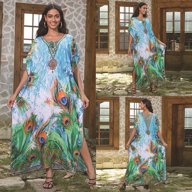 Vestido de algodón bordado para mujer, suelto, talla grande, estilo Oriente Medio, largo, para playa, para cubrir bikini_voghion.com